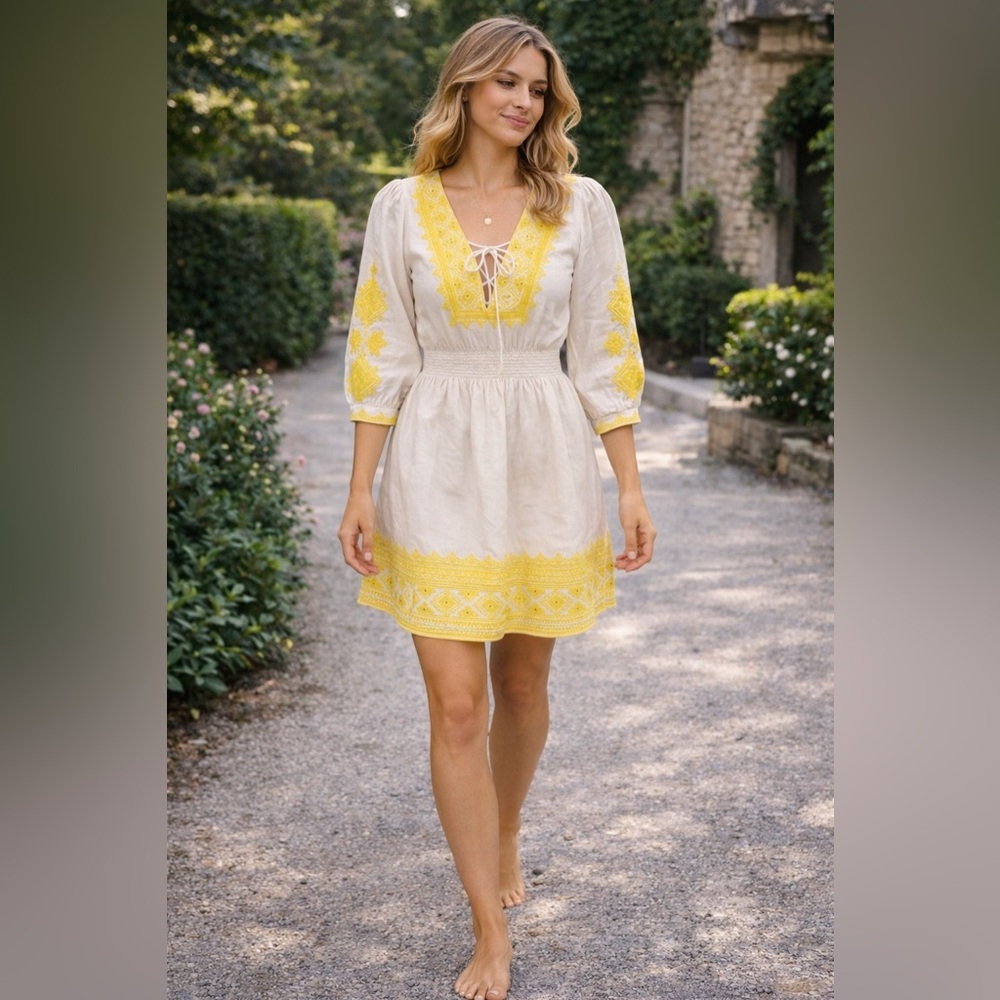 Super Natural by Secret Mission Gina Embroidered Cotton Linen Blend Dress Small